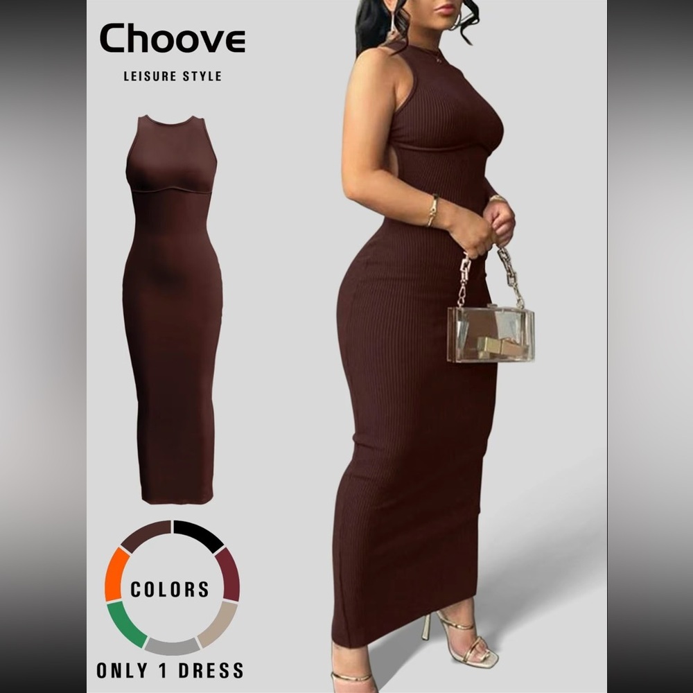 Chic Sleeveless Brown Midi Dress